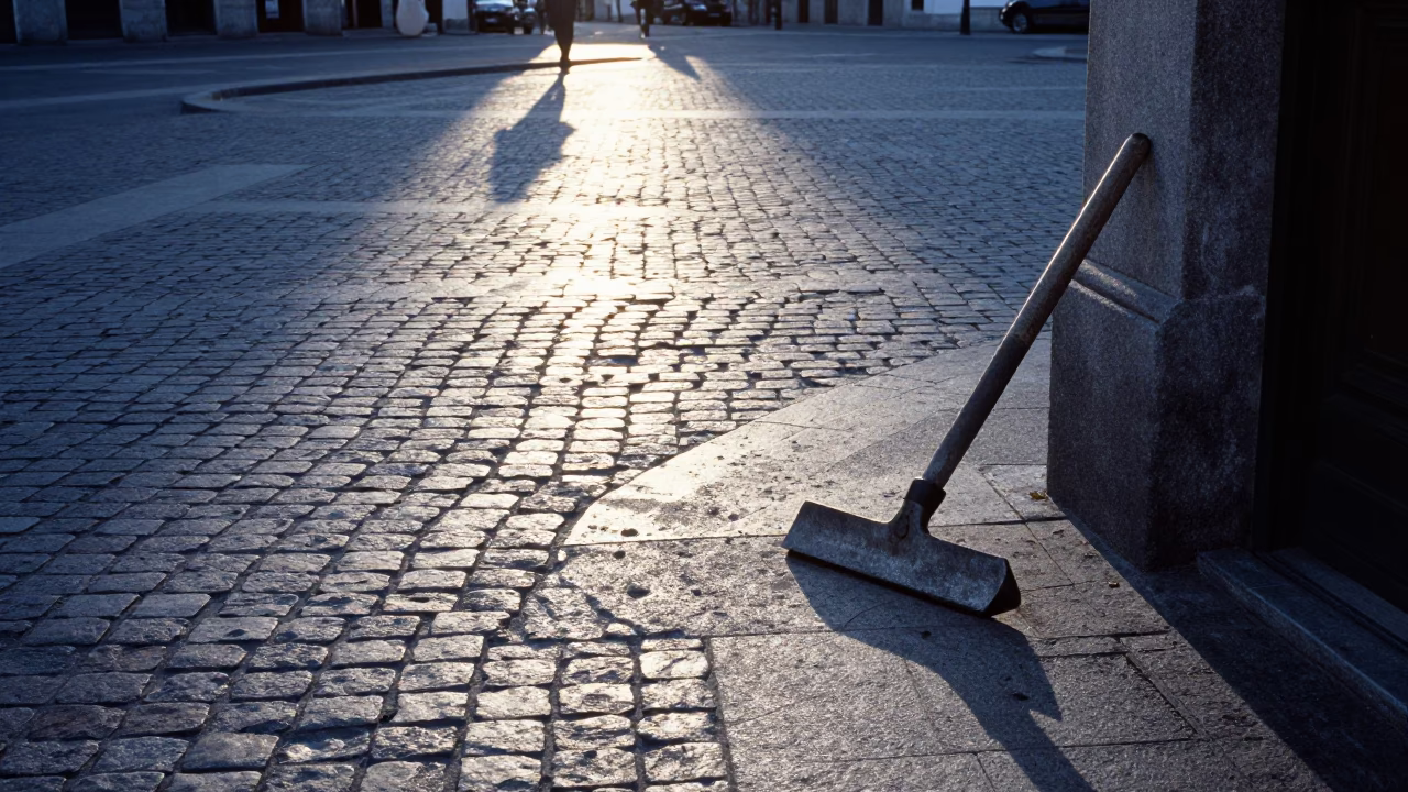 Early Morning Madrid Street Scene with Boot Scraper and Sunlit Plaza in in Madrid, Spain