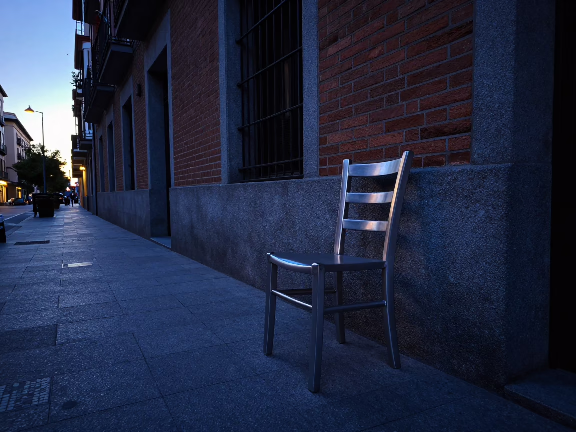 Early Morning Madrid Street Scene with Brushed Steel and Ladder-Back Chair Before Sunrise in in Madrid, Spain