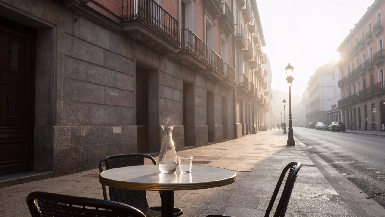 Early Morning Madrid Street Scene with Carafe and Glass on Cafe Table in in Madrid, Spain