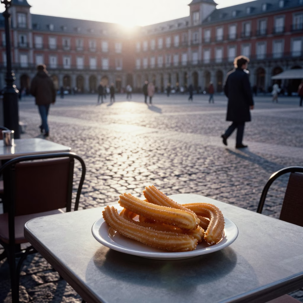Early Morning Madrid Street Scene with Churros and Dulce de Leche at Local Cafe in in Madrid, Spain