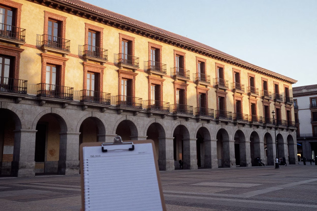Early Morning Madrid Street Scene with Clipboard and Ledger at Plaza Mayor in in Madrid, Spain