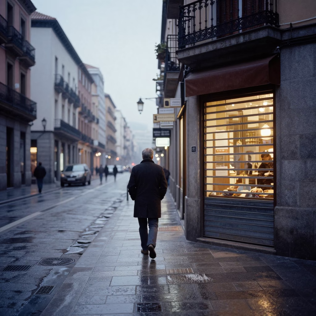Early Morning Madrid Street Scene with Condensation and Urban Details in in Madrid, Spain