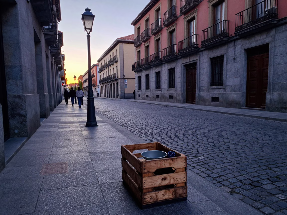 Early Morning Madrid Street Scene with Crate and Water Tower Ladder in Mist in in Madrid, Spain