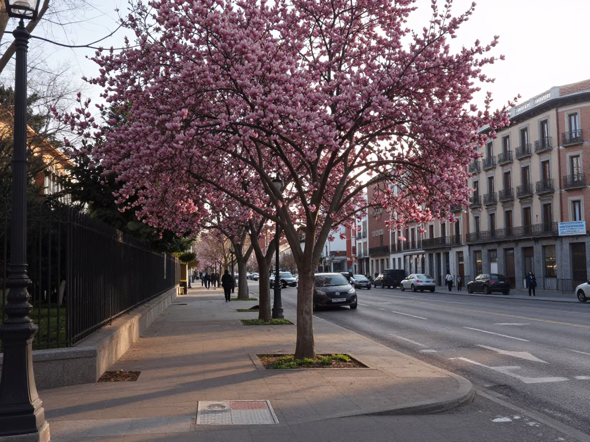 Early Morning Madrid Street Scene with Dogwood Tree and Local Morning Ritual in in Madrid, Spain