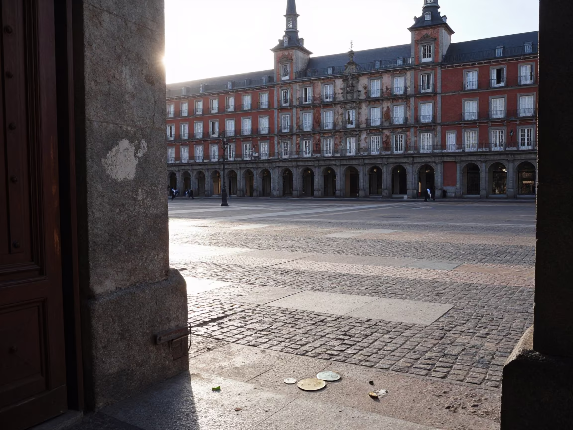Early Morning Madrid Street Scene with Doorframe and Sardines at Local Market in in Madrid, Spain