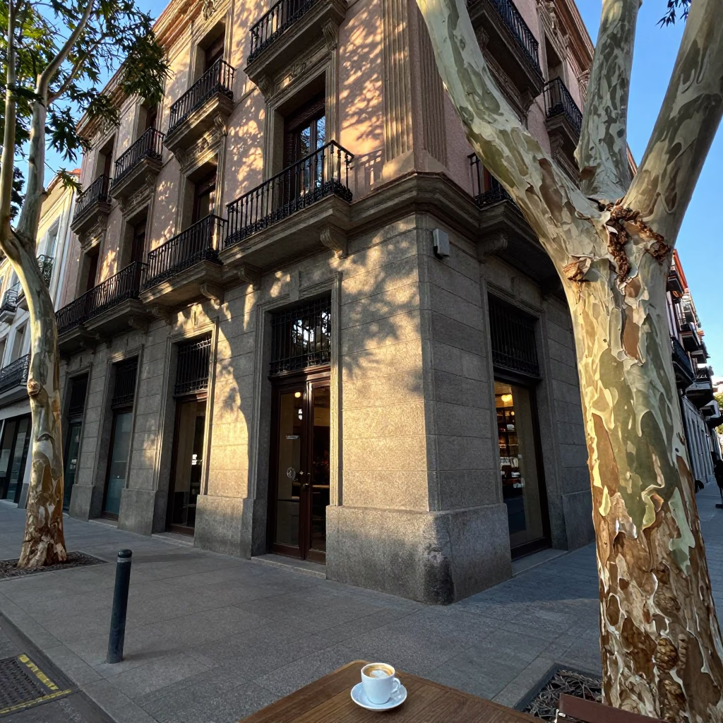 Early Morning Madrid Street Scene with Eucalyptus Tree and Coffee Cup in in Madrid, Spain
