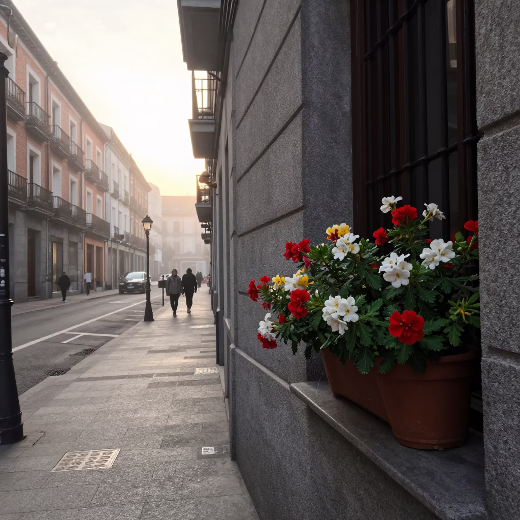 Early Morning Madrid Street Scene with Flowering Plant and Origami Crane in in Madrid, Spain