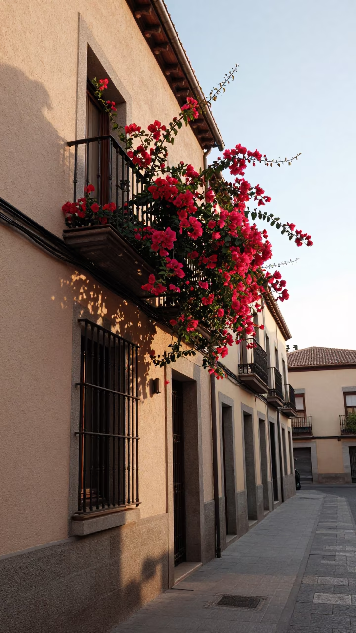 Early Morning Madrid Street Scene with Flowering Plant and Porcelain Jar in in Madrid, Spain