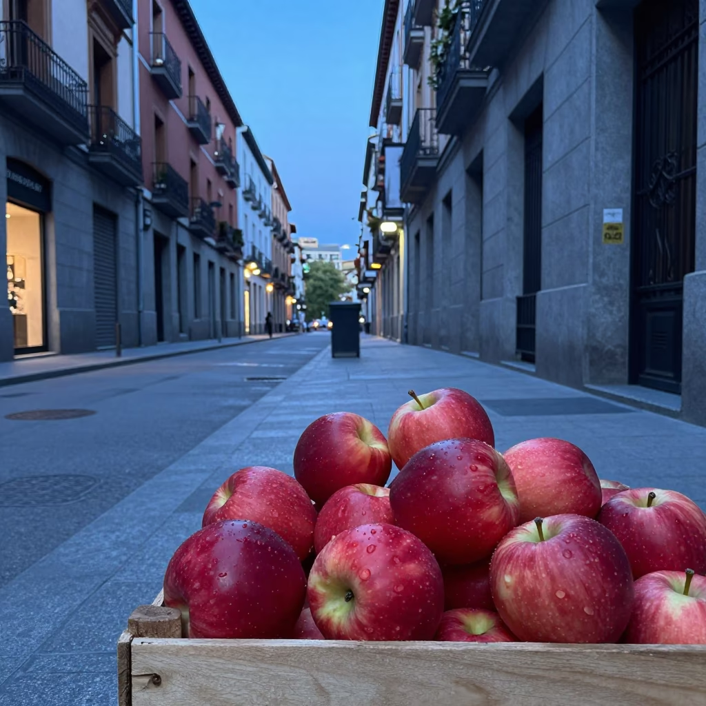 Early Morning Madrid Street Scene with Fresh Apples and Spice Jar on Wooden Stall in in Madrid, Spain