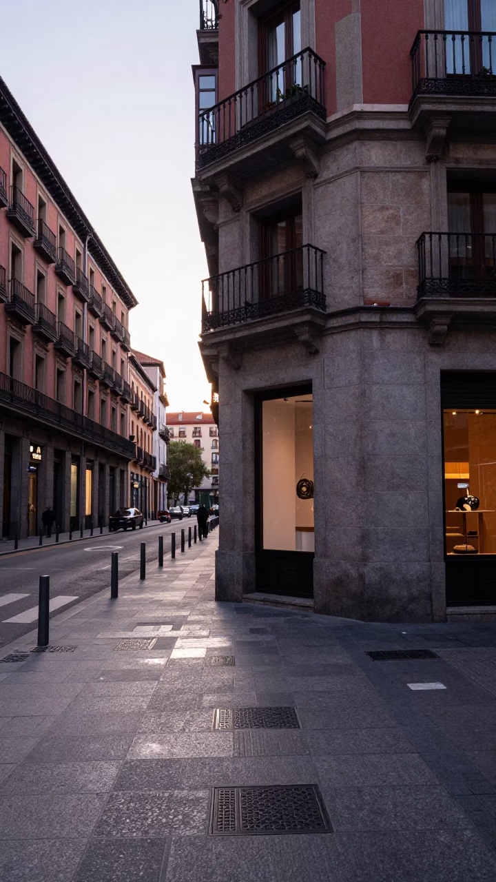 Early Morning Madrid Street Scene with Grease Sheen and Iron Hook Details in in Madrid, Spain