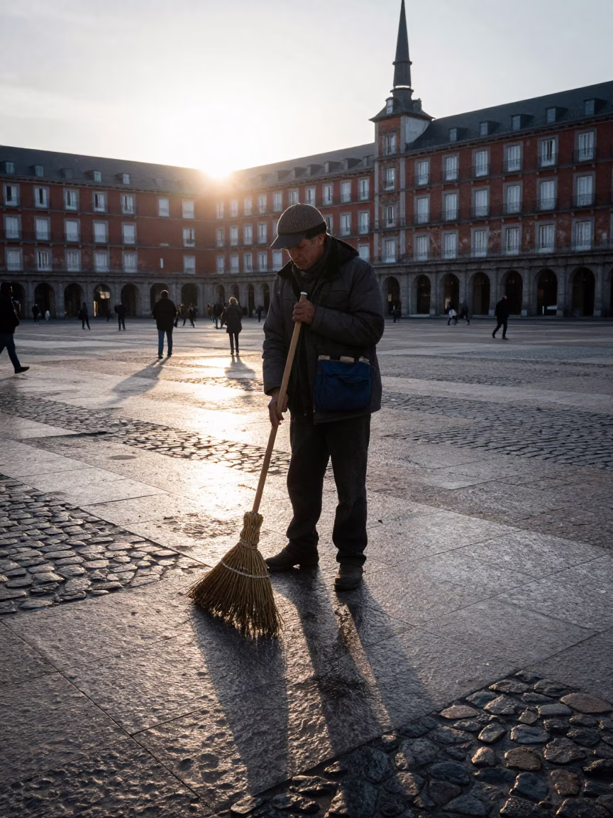 Early morning Madrid street scene with hand broom and wet cobblestones in in Madrid, Spain