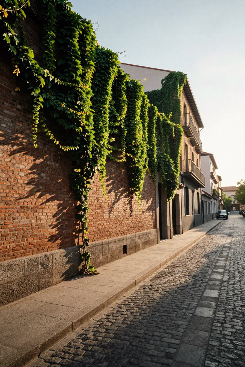 Early Morning Madrid Street Scene with Ivy Brick Wall and Storage Tins in in Madrid, Spain