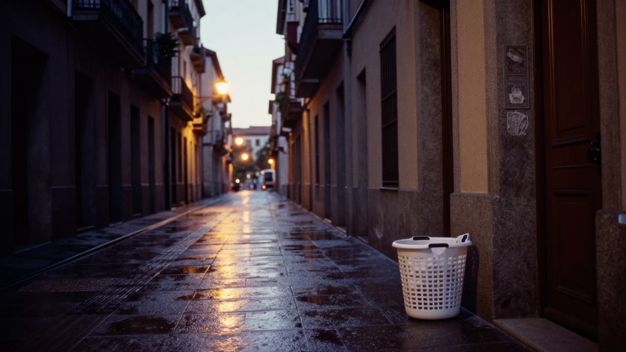 Early Morning Madrid Street Scene with Laundry Basket and Grease Sheen on Bucket Lip in in Madrid, Spain