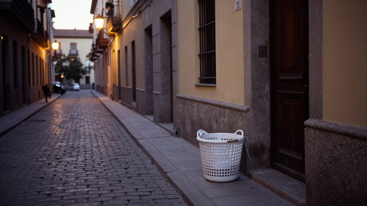 Early Morning Madrid Street Scene with Laundry Basket and Urban Dawn Light in in Madrid, Spain