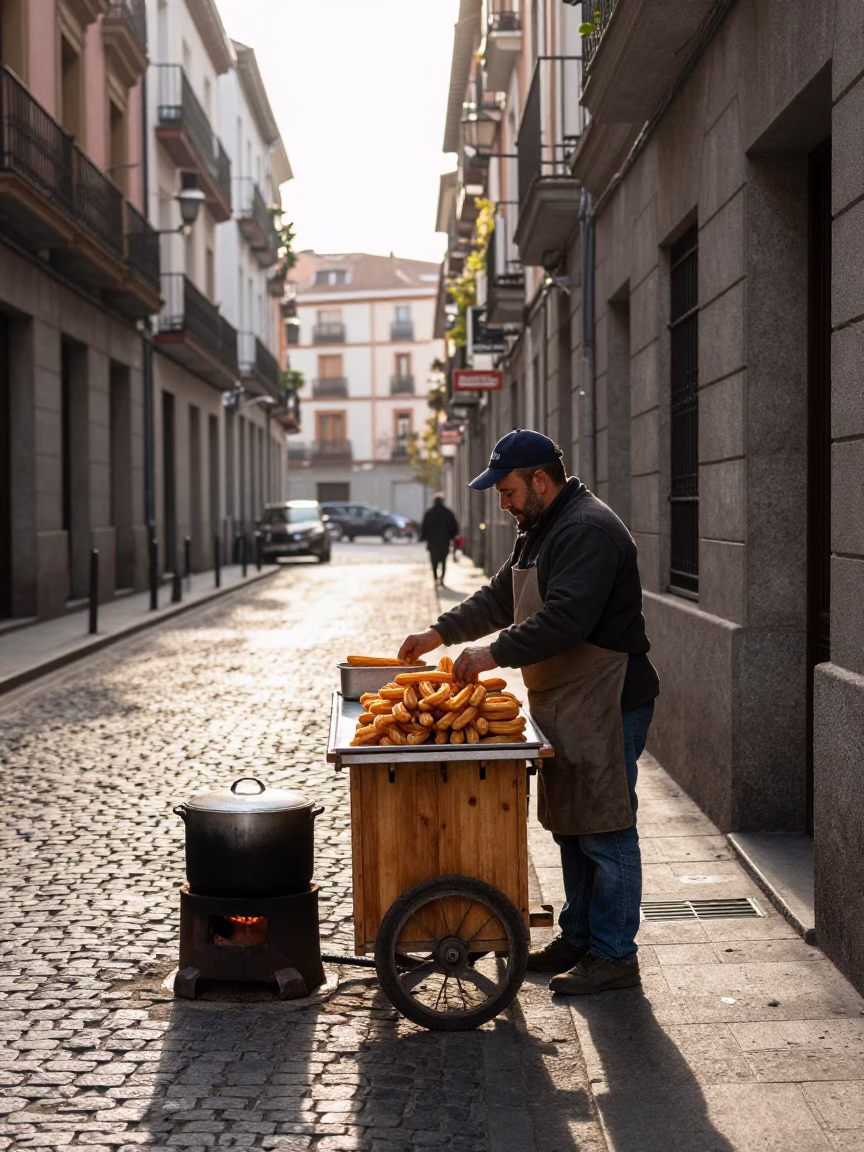 Early Morning Madrid Street Scene with Local Baker and Cooking Pot in in Madrid, Spain