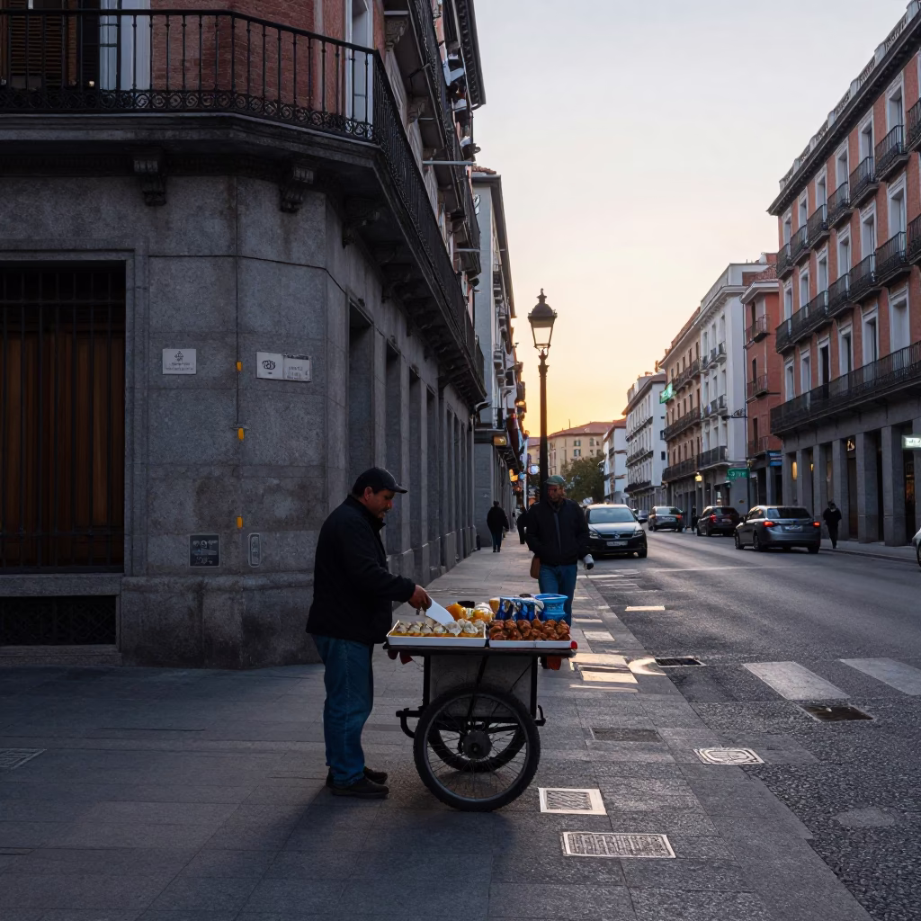 Early Morning Madrid Street Scene with Local Vendor and Urban Details in in Madrid, Spain