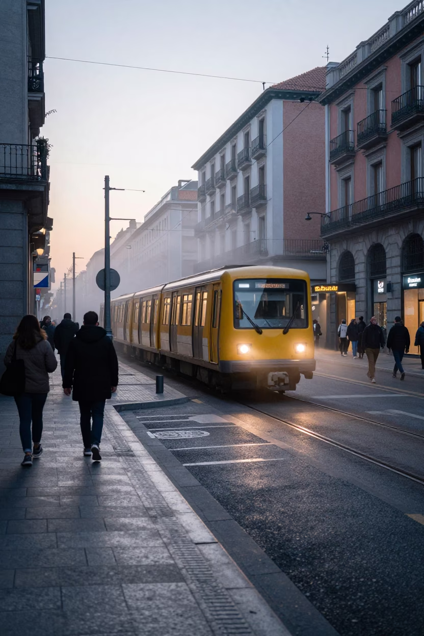 Early morning Madrid street scene with metro train emerging from tunnel into daylight in in Madrid, Spain