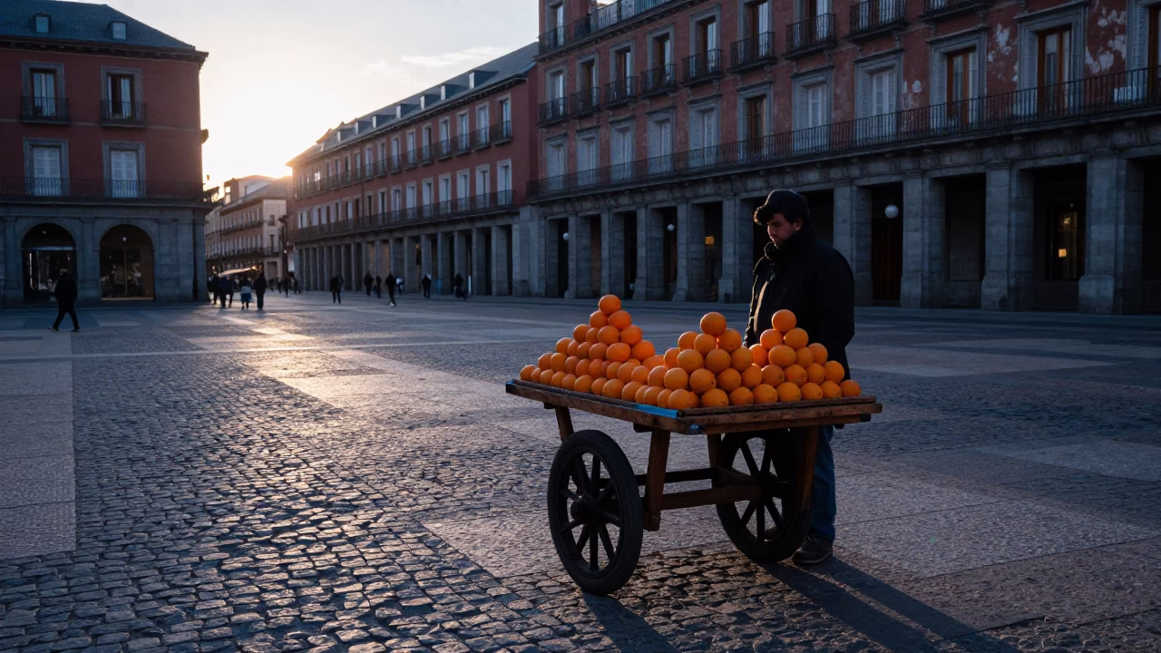 Early Morning Madrid Street Scene with Oranges and Vintage Details in in Madrid, Spain