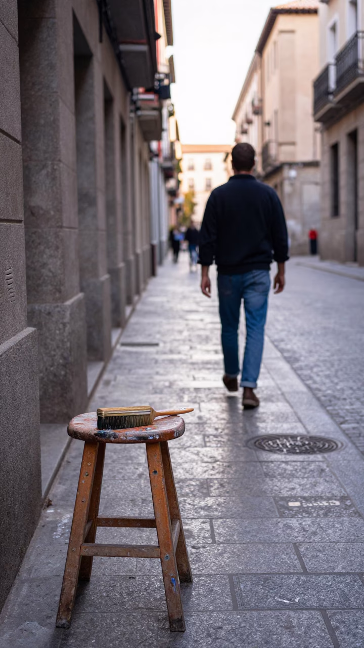 Early Morning Madrid Street Scene with Paint Flecks on Frame and Brush in in Madrid, Spain