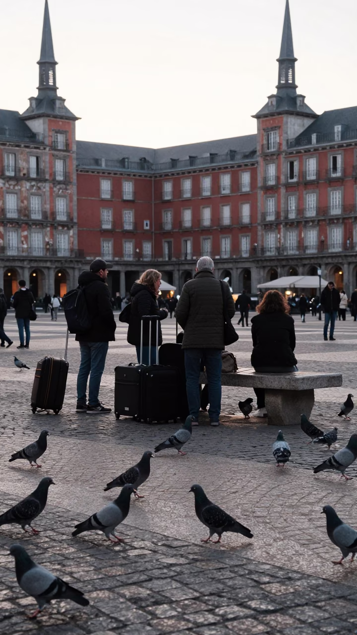 Early Morning Madrid Street Scene with Pigeons and Suitcases Near Historic Plaza in in Madrid, Spain