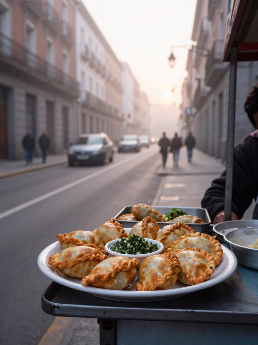 Early Morning Madrid Street Scene with Plate of Argentinian Empanadas in in Madrid, Spain