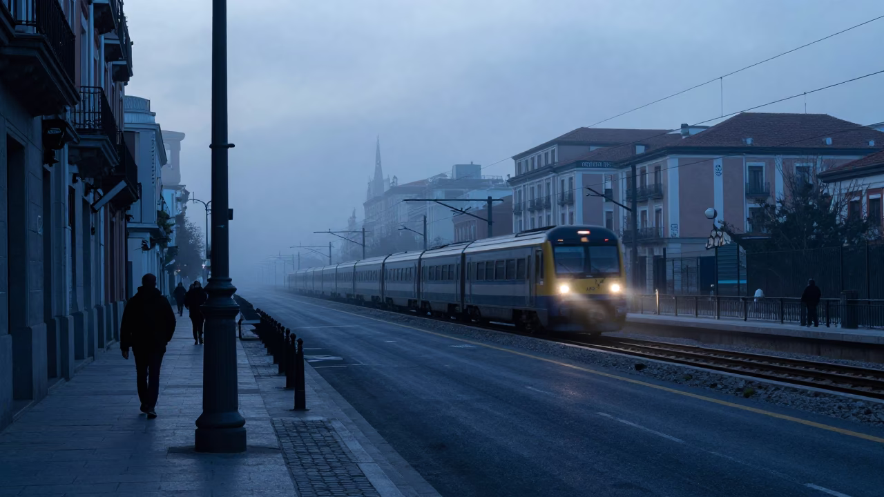 Early Morning Madrid Street Scene with Railway Viaduct and Local Market Activity in in Madrid, Spain