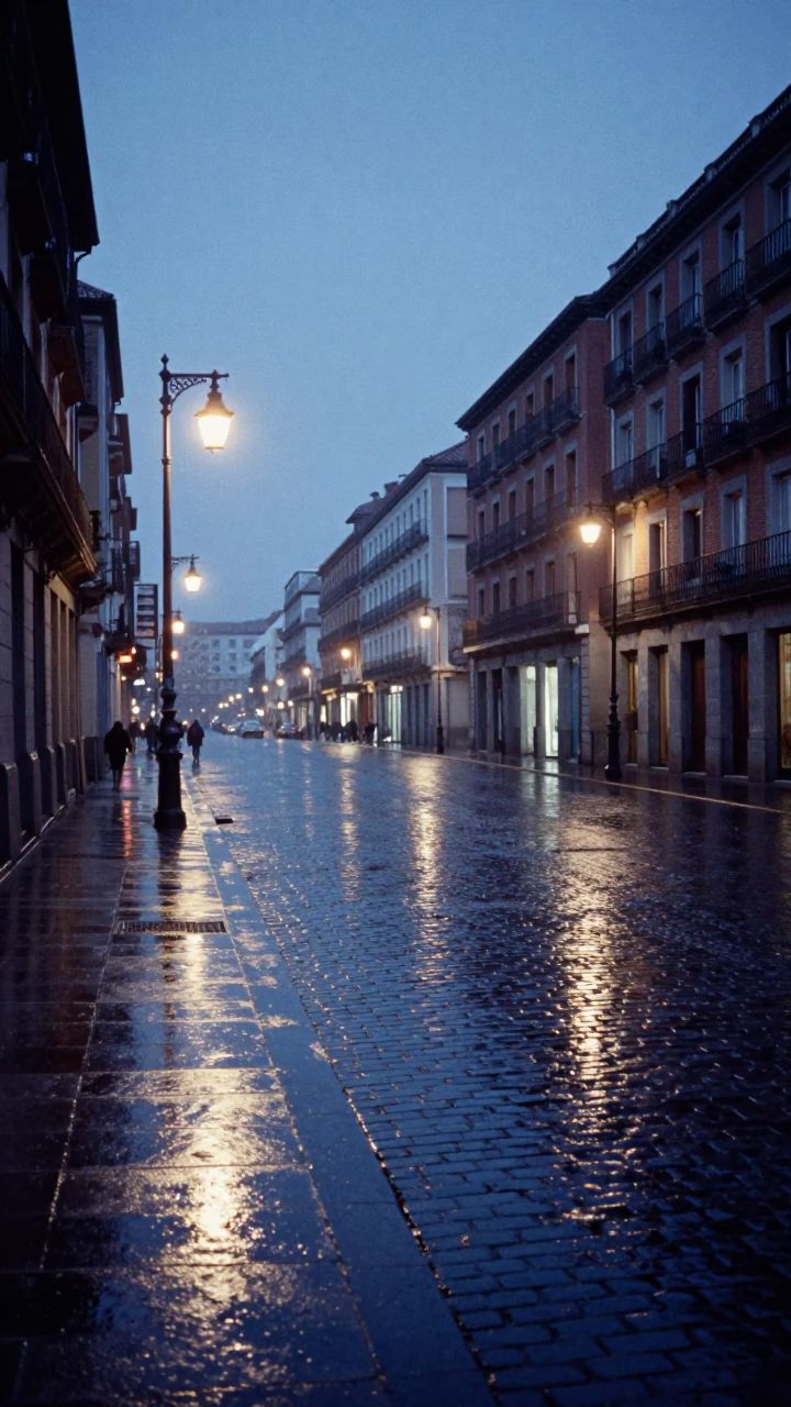 Early Morning Madrid Street Scene with Rain-Slicked Cobblestones and Urban Shadows in in Madrid, Spain