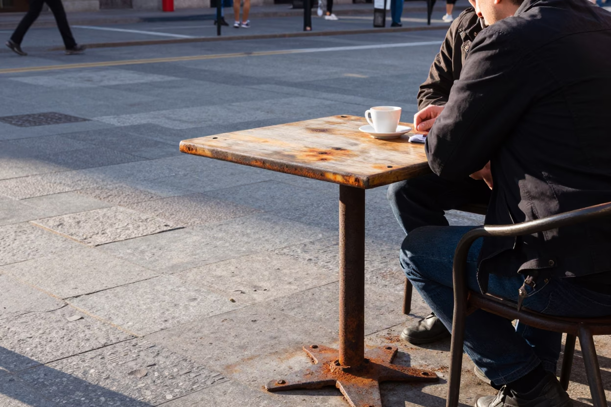 Early Morning Madrid Street Scene with Rusty Tabletop and Blue Porcelain Jar in in Madrid, Spain