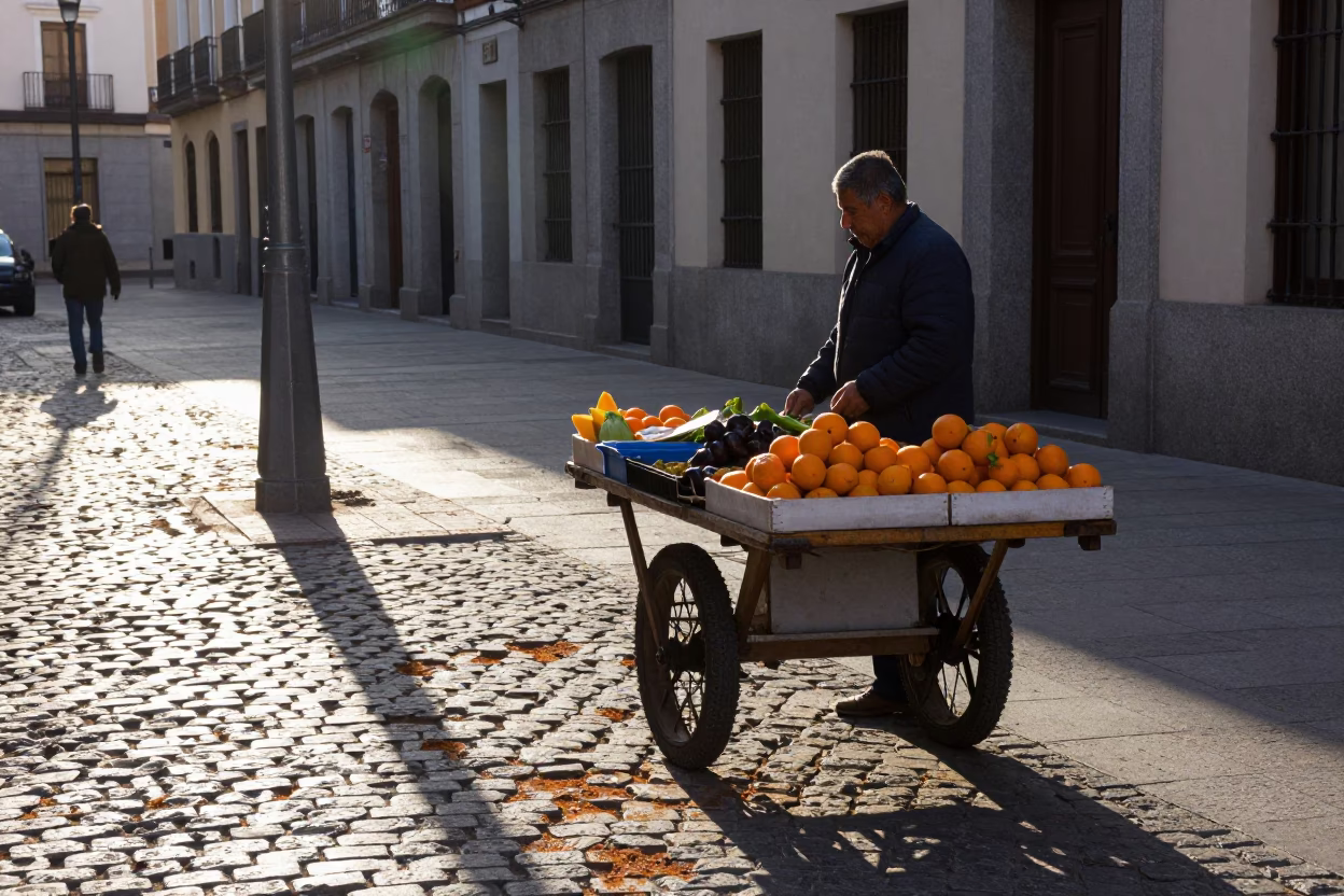Early Morning Madrid Street Scene with Rusty Tiles and Vintage Jar in in Madrid, Spain