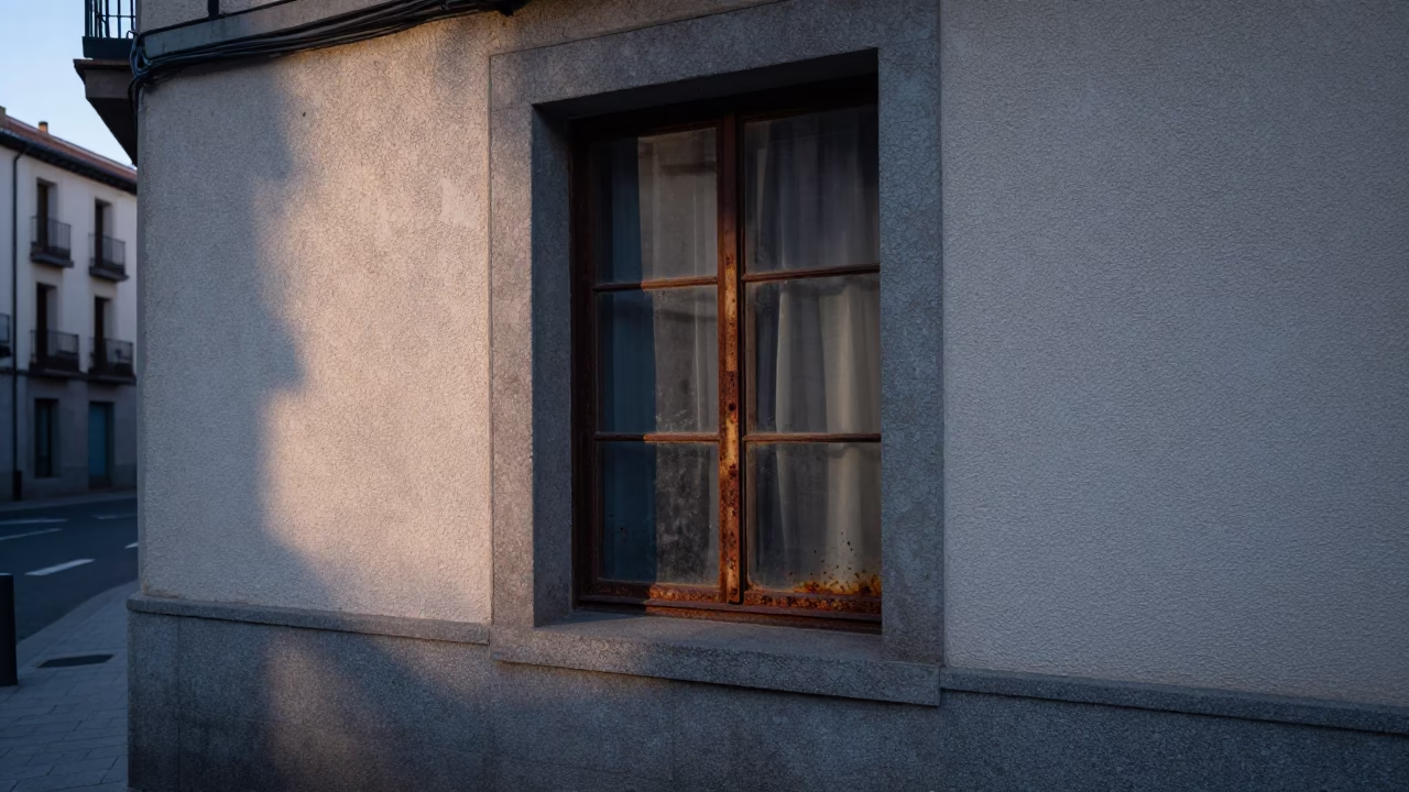 Early Morning Madrid Street Scene with Rusty Window and Notebook in in Madrid, Spain