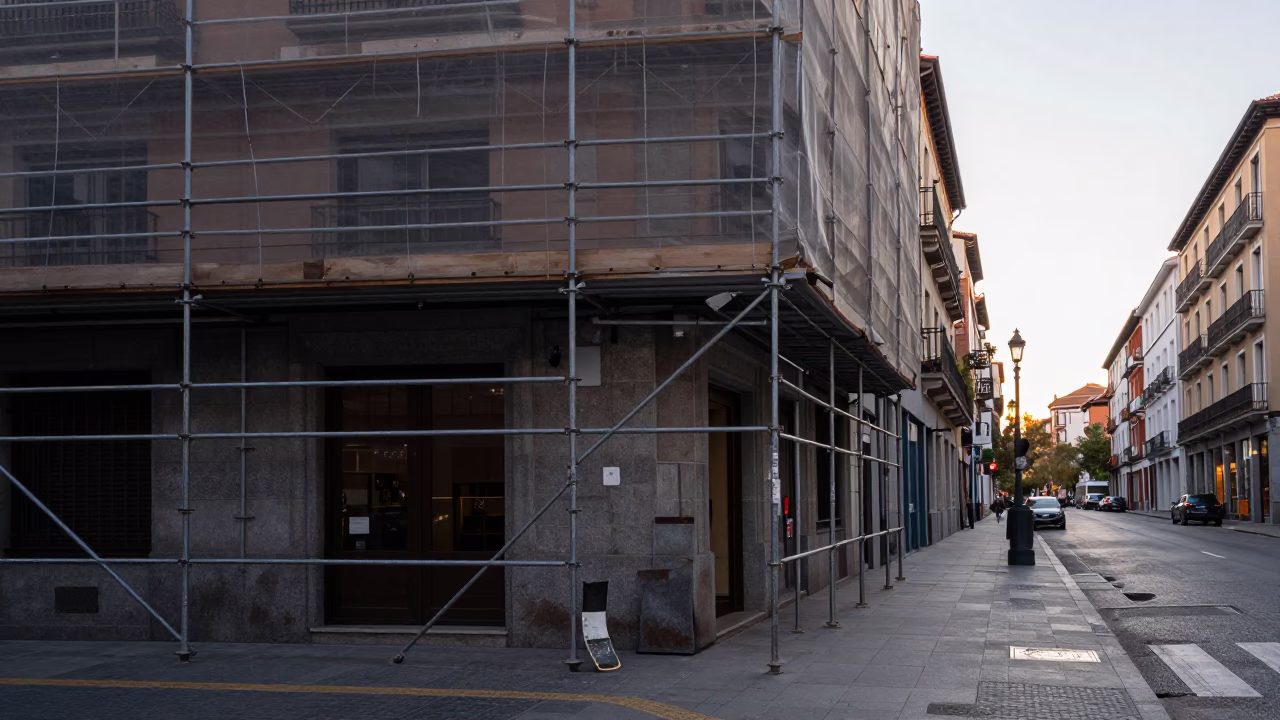 Early Morning Madrid Street Scene with Scaffolding and Local Daily Life in in Madrid, Spain
