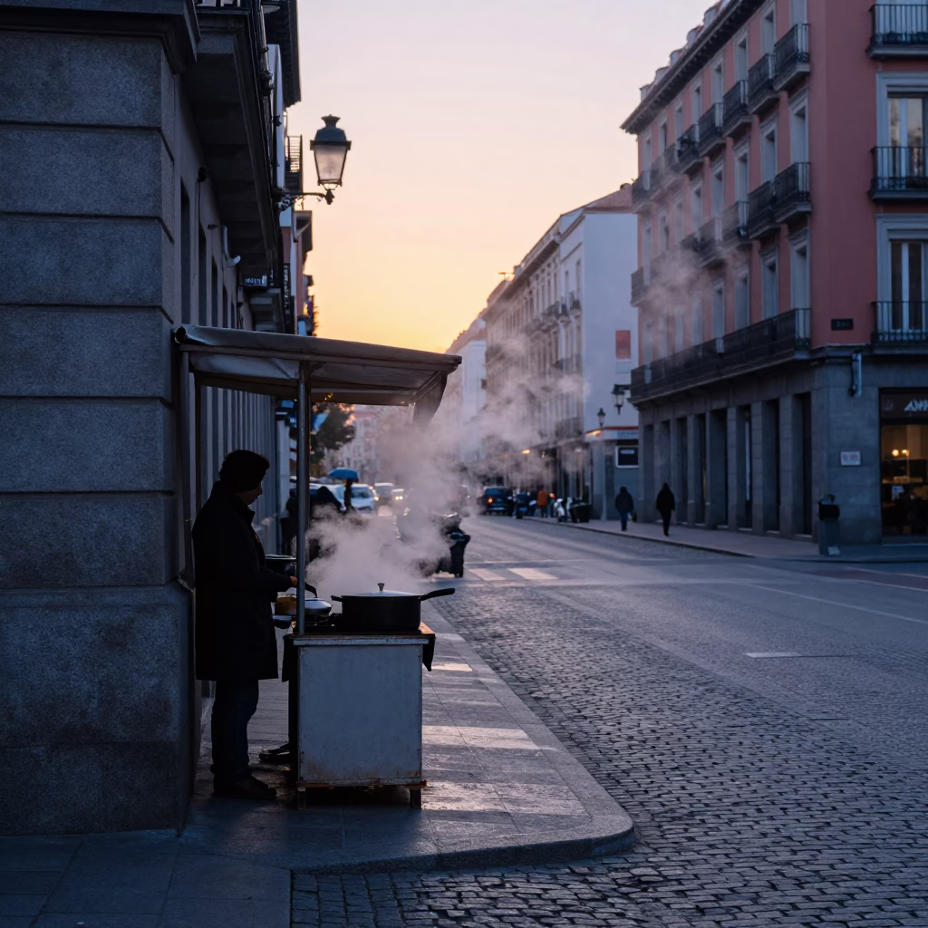 Early Morning Madrid Street Scene with Steam and Urban Details Before Sunrise in in Madrid, Spain