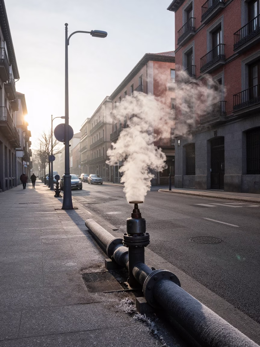 Early Morning Madrid Street Scene with Steaming District Heating Pipes and Frost in in Madrid, Spain