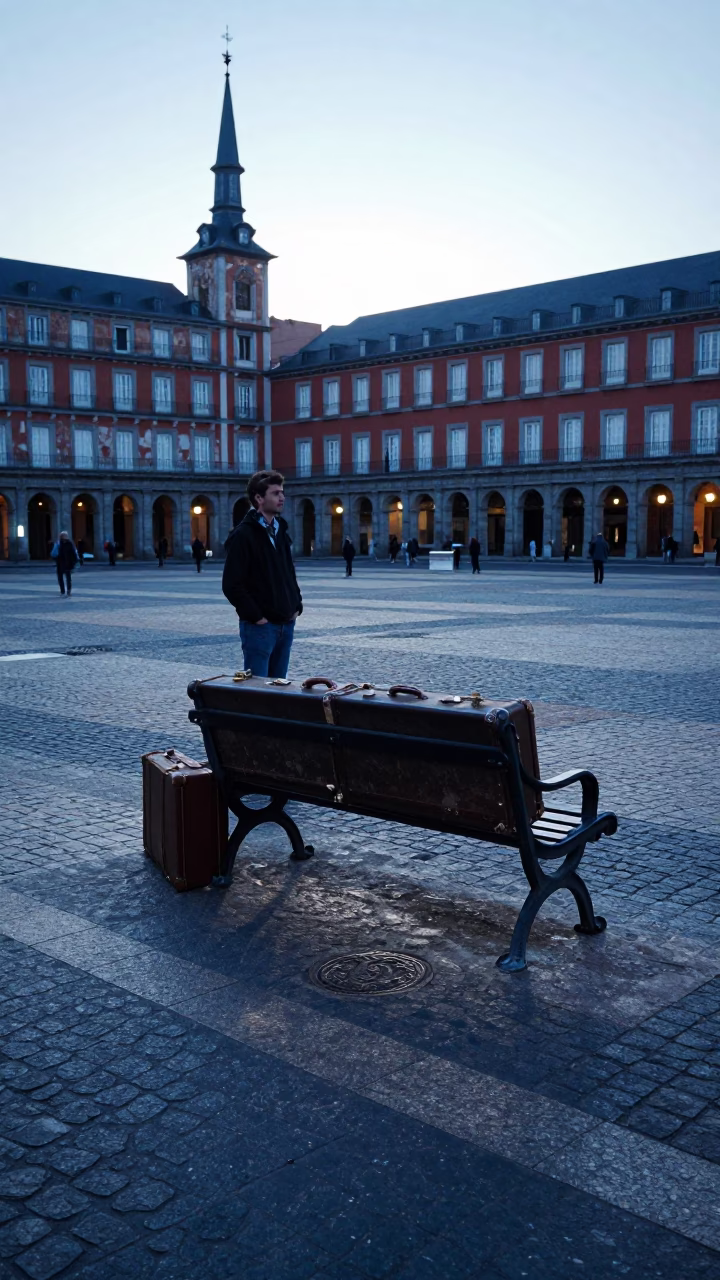 Early Morning Madrid Street Scene with Suitcases and Vintage Suitcases in Pre-Dawn Light in in Madrid, Spain
