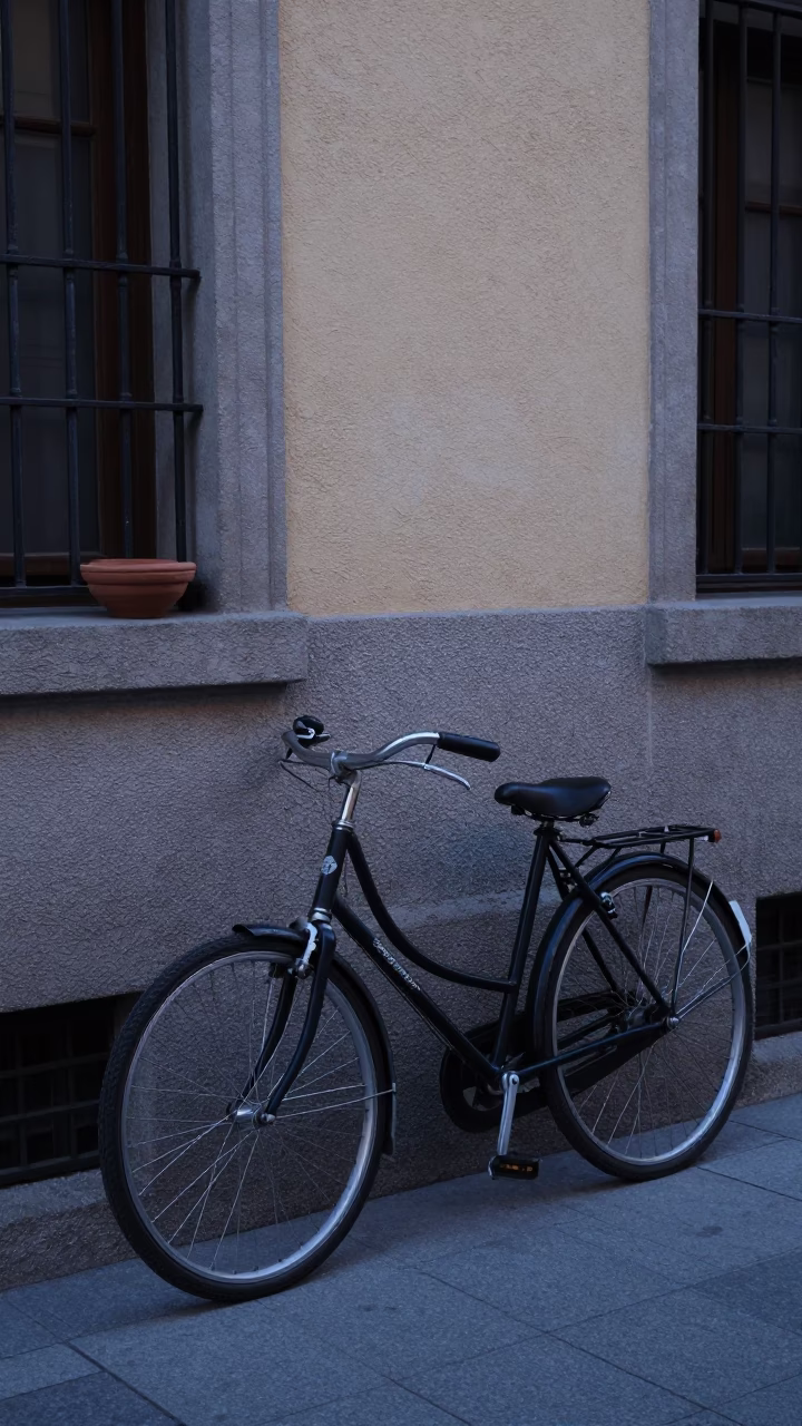 Early Morning Madrid Street Scene with Vintage Bicycle and Terracotta Bowl in in Madrid, Spain