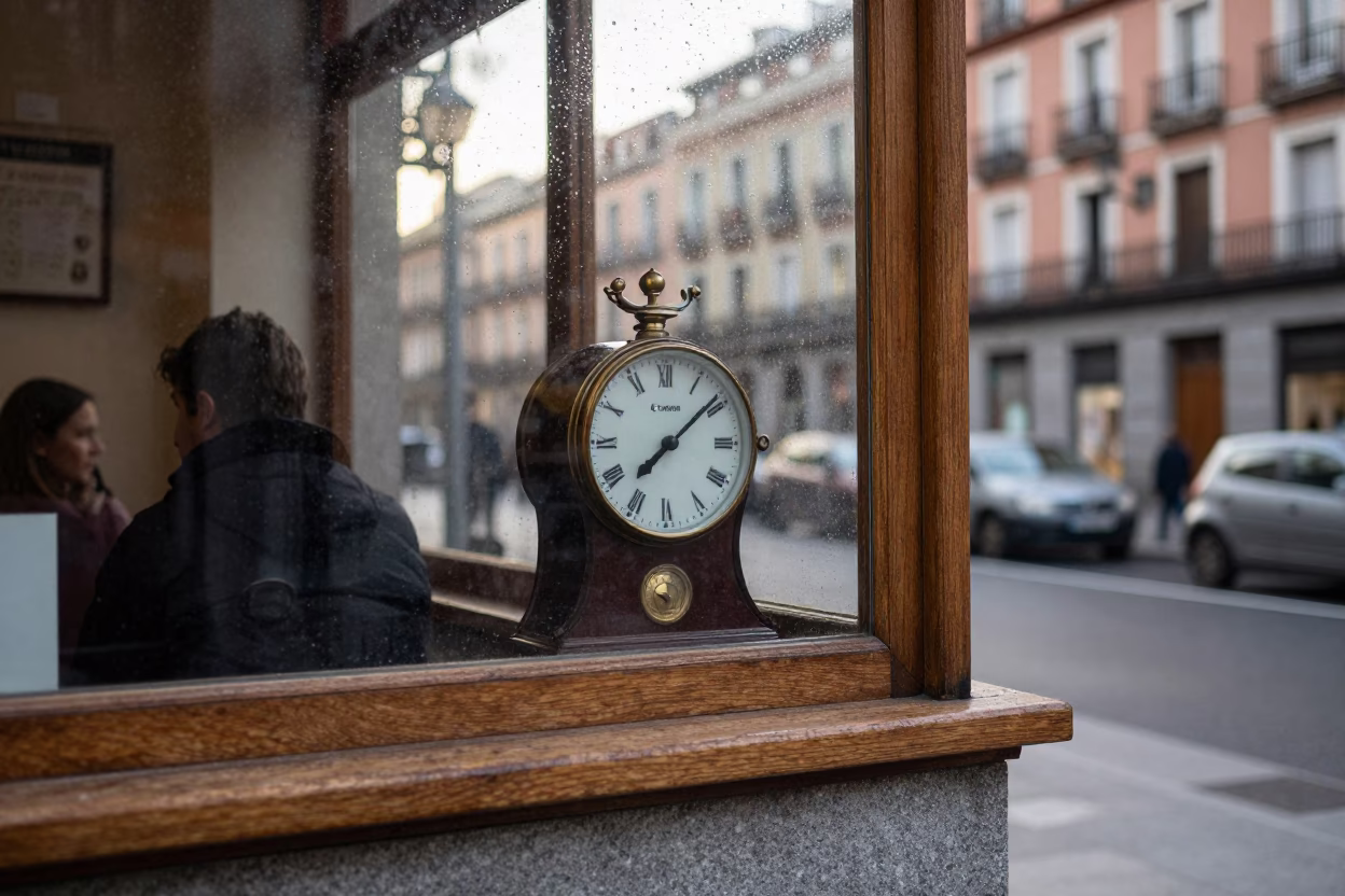 Early Morning Madrid Street Scene with Vintage Mantel Clock and Rain Streaked Window in in Madrid, Spain