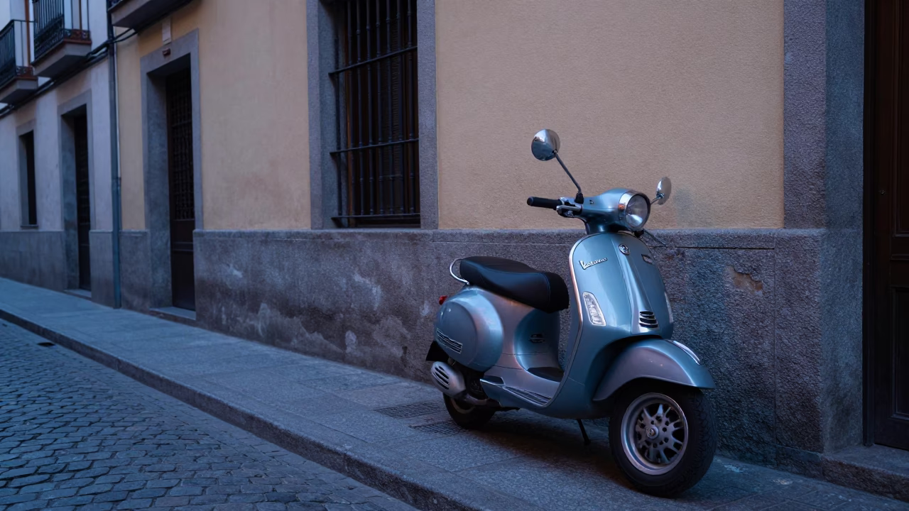 Early Morning Madrid Street Scene with Vintage Scooter and Morning Light in in Madrid, Spain