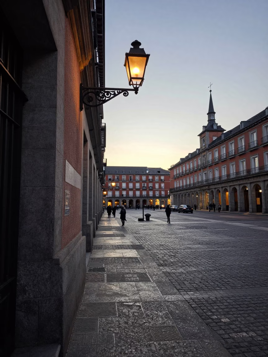 Early Morning Madrid Street Scene with Vintage Wall Sconce and Local Shop Details in in Madrid, Spain