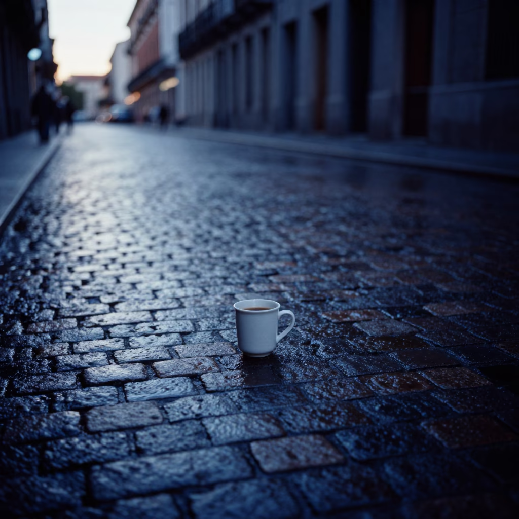 Early Morning Madrid Street Scene with Wet Cobblestones and Morning Coffee Cup in in Madrid, Spain
