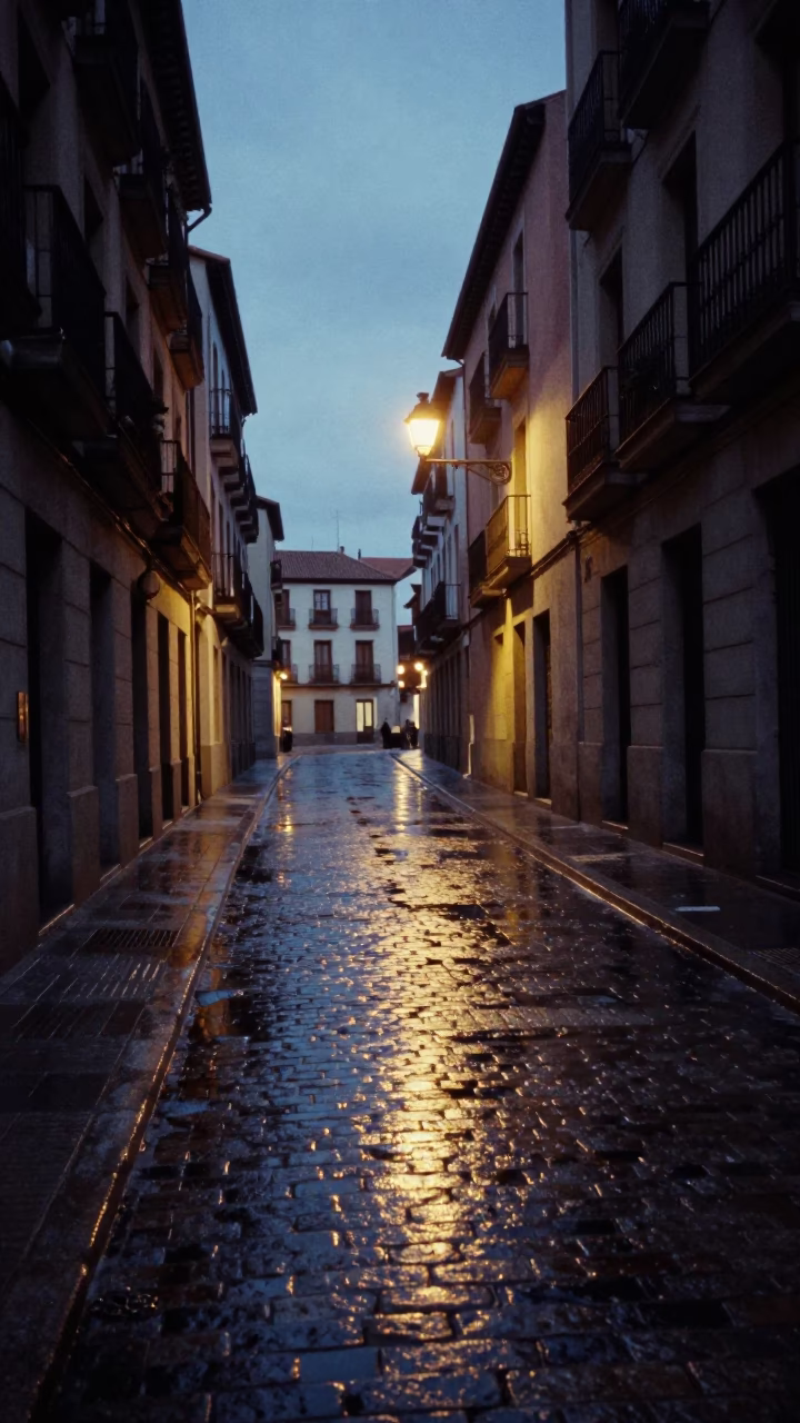 Early morning Madrid street scene with wet pavement and distant dawn light in in Madrid, Spain