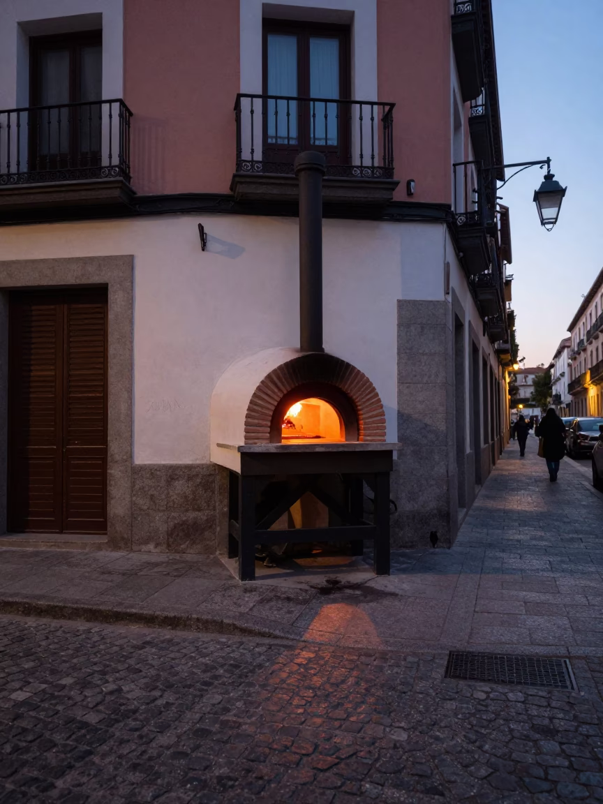 Early Morning Madrid Street Scene with Wooden Pizza Oven and Golden Empanadas in in Madrid, Spain