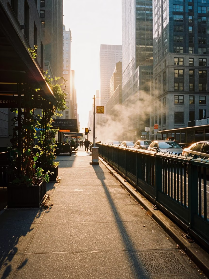 Early Morning Manhattan Street Scene with Vine and Steam Haze at Sunrise in in New York, New York, United States