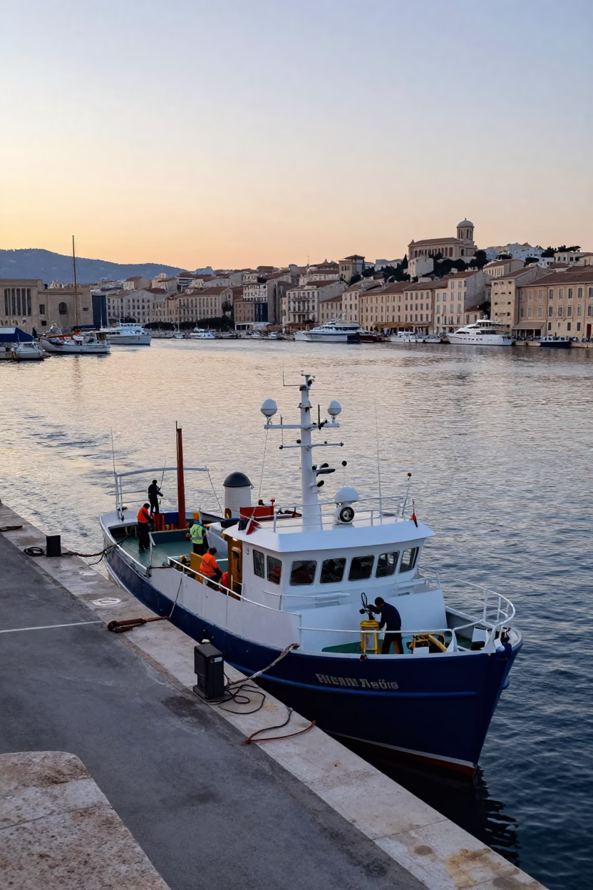 Early Morning Maritime Activity at Vieux Port Marseille France Before Sunrise in in Marseille, France