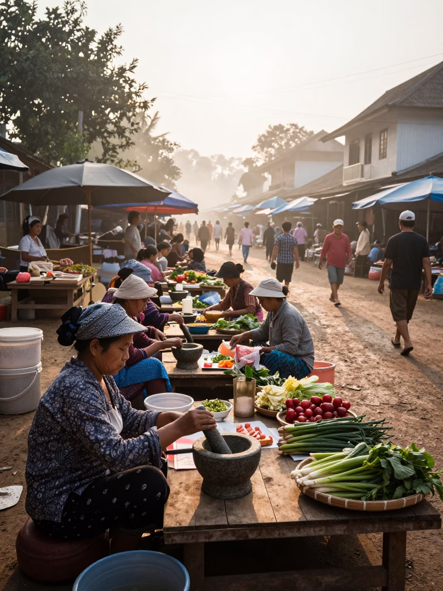 Early Morning Market Activity in Luang Prabang Laos with Mortar and Pestle Preparation in in Luang Prabang, Laos