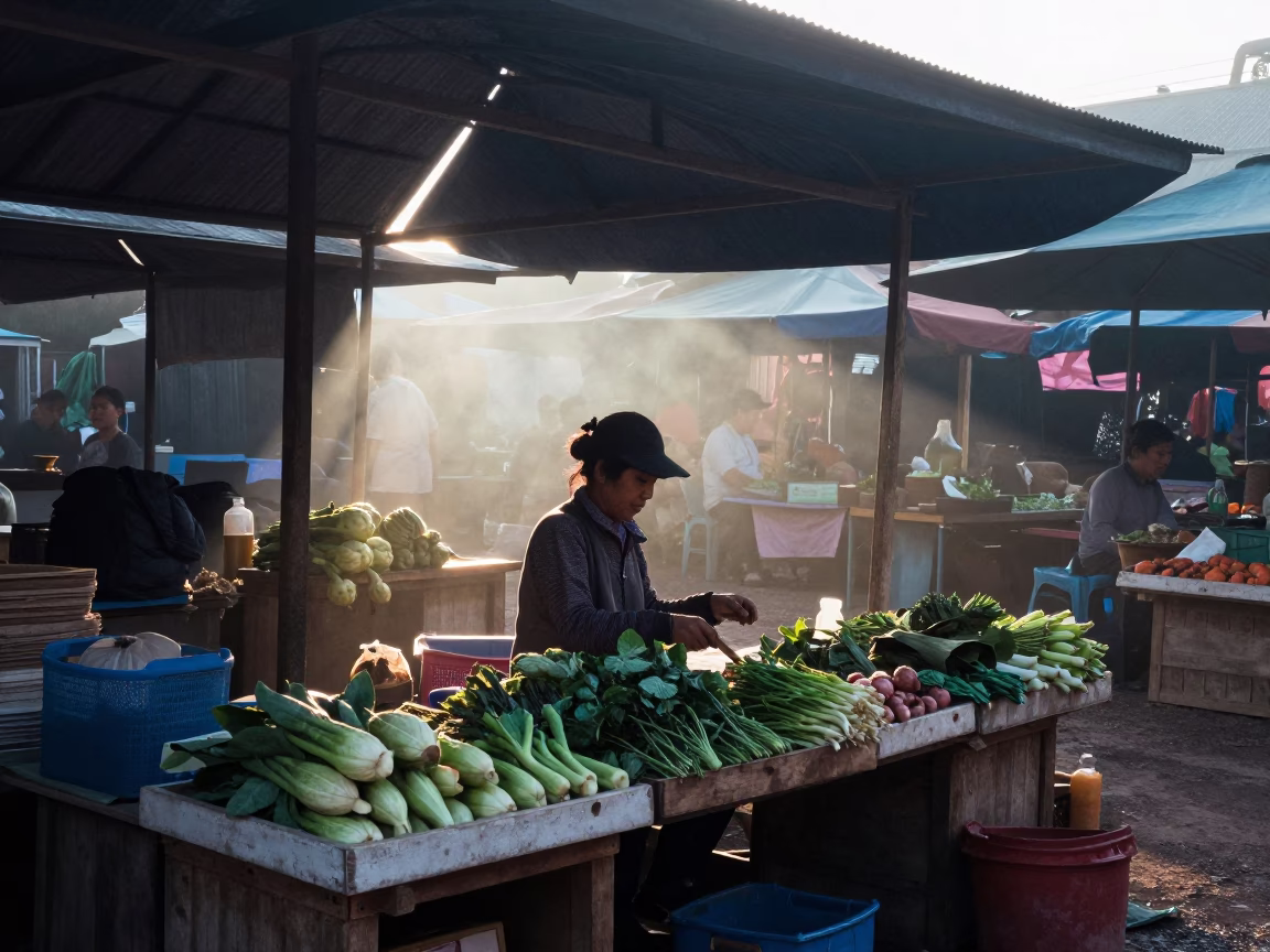 Early Morning Market Scene in Chiang Mai Thailand with Local Vendor and Bamboo Tools in in Chiang Mai, Thailand