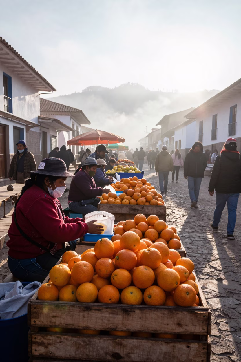 Early Morning Market Scene in Cusco Peru with Oranges and Local Commerce in in Cusco, Peru