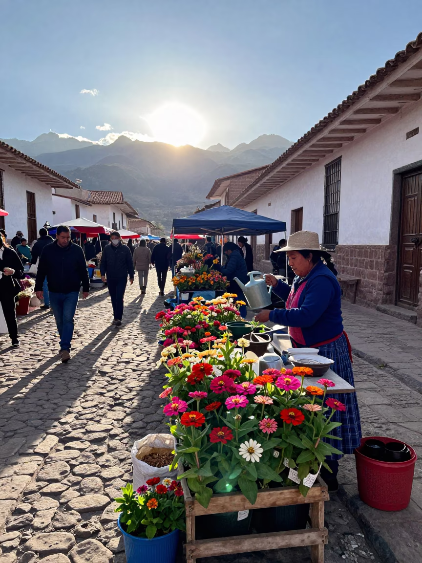 Early Morning Market Scene in Cusco Peru with Zinnias and Watering Jug in in Cusco, Peru
