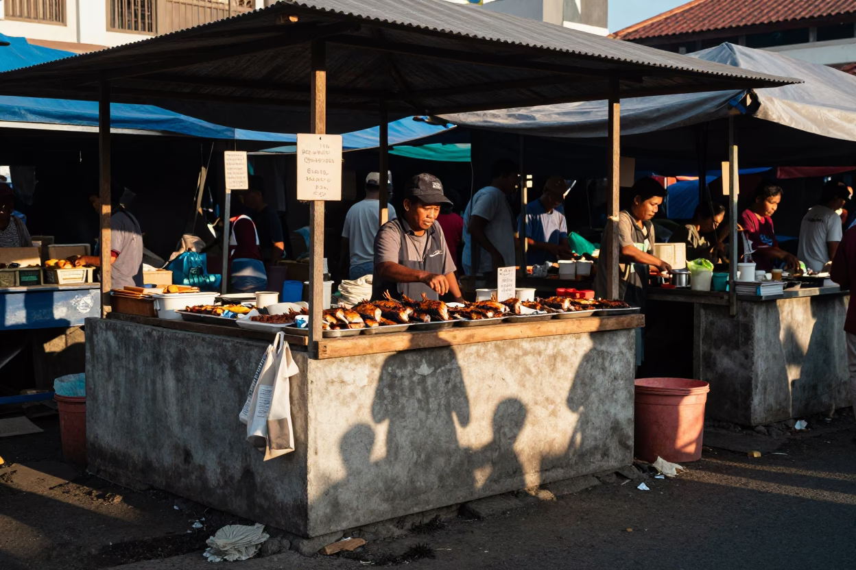 Early Morning Market Scene in Denpasar Indonesia with Grilled Fish on Banana Leaf in in Denpasar, Indonesia