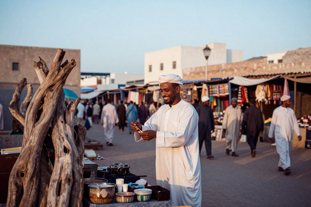 Early Morning Market Scene in Essaouira Morocco with Driftwood and Local Vendors in in Essaouira, Morocco