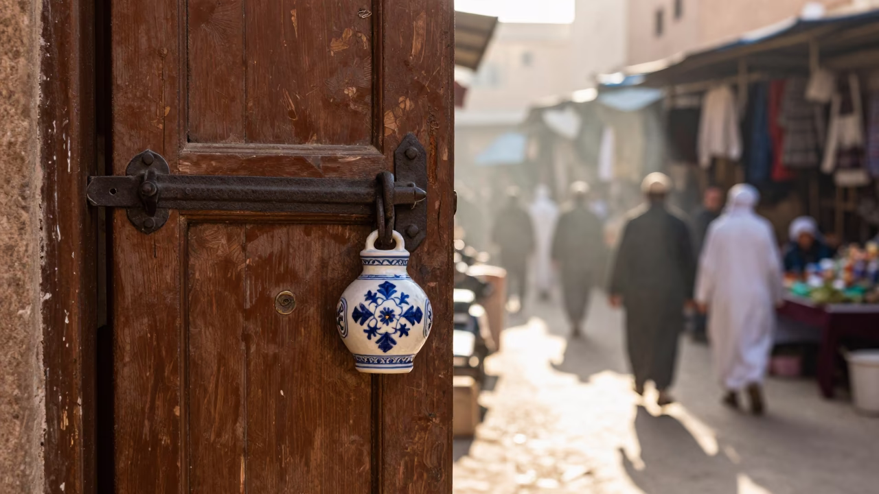 Early Morning Market Scene in Fez Morocco with Ceramic Latch and Geraniums in in Fez, Morocco